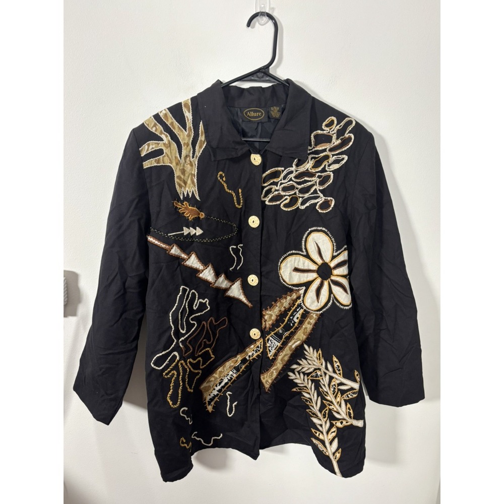 Allure Vintage Art-to-Wear Jacket Black Button Down Embroidered Womene's Large